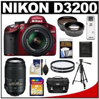Nikon D3200 Digital SLR Camera & 18 55mm G VR DX AF S Zoom Lens (Red) + 55 300mm VR Lens + 16GB Card + Case + Filters + Tripod + Telephoto & Wide Angle Lens Kit  Digital Slr Camera Bundles  Camera & Photo