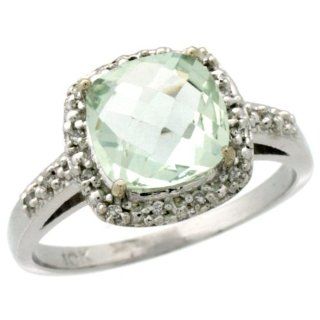 10K White Gold Diamond Natural Green Amethyst Ring Cushion cut 8x8mm, 1/2 inch wide, sizes 5 10 Green Amethyst Engagement Ring Jewelry