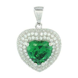 Sterling Silver Micro Pave Three Level Heart Pendant White Cubic Zirconia Centered w/ Green Heart Prong Set Stone Jewelry