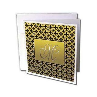gc_36091_2 777images Designs Monograms   Elegant letter M embossed in gold frame over a black fleur de lis pattern on a gold background   Greeting Cards 12 Greeting Cards with envelopes  Blank Greeting Cards 