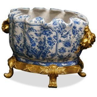 Chinese Ormolu Porcelain Flower Bowl   Blue and White Floral Design   Decorative Bowls