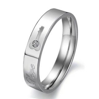 Titanium Stainless Steel Lock and Key Engagement Anniversary Wedding Promise Ring Couple Wedding Band with Engraved "Love" Rhinestone Inlay (Available Sizes Him 6,6.5,7,7.5,8,8.5,9,9.5,10,10.5,11,11.5,12,13; Hers 5,5.5,6,6.5,7,7.5,8,8.5,9,9.5,10