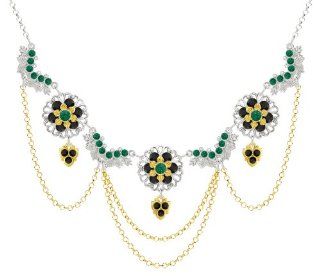 Necklace by Lucia Costin with Lace Like Pattern, 6 Petal Flowers and Leaf Ornaments, Embellished with Green, Black Swarovski Crystals, Suspended Chains and Lovely Charms; .925 Sterling Silver with 24K Yellow Gold Plated over .925 Sterling Silver Choker Ne