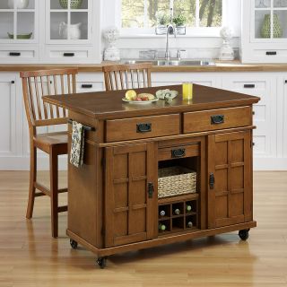 Home Styles Arts & Crafts Cottage Oak 3 Piece Kitchen Cart and Two Stools Set   Kitchen Islands and Carts