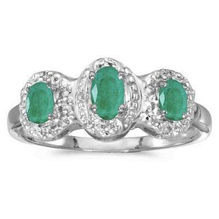 10k White Gold Oval Emerald And Diamond Three Stone Ring Jewelry