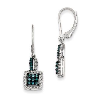 Sterling Silver White & Blue Diamond Leverback Earrings Dangle Earrings Jewelry