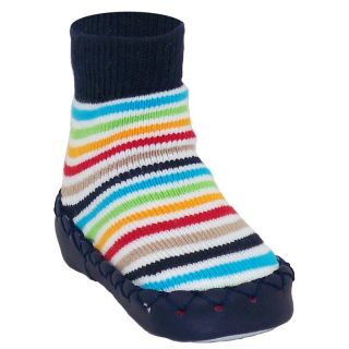 Nowali Colorful Stripes Moccasin Slipper Socks   Navy   Kids Slippers