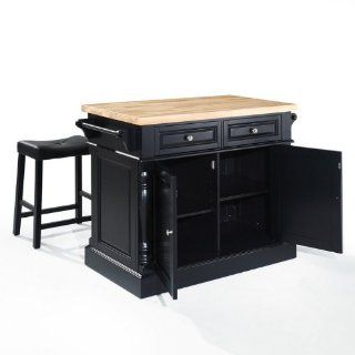 Crosley Furniture Butcher Block Top Kitchen Island in Black Finish with 24 Inch Black Upholstered Saddle Stools Home & Kitchen