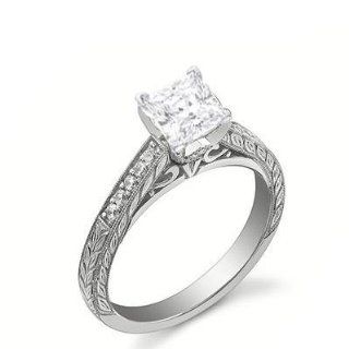0.60 Carat� Princess Antique Engraved Diamond Engagement Ring Bridal Set Wedding Ring on 14K White �Gold FineTresor Jewelry