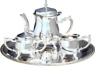 Children's Deluxe Silver Plated 5 piece Tea Set Playset *Set includes a tea pot with hinged lid, a sugar bowl with lid, a creamer and an etched serving tray.* Toys & Games