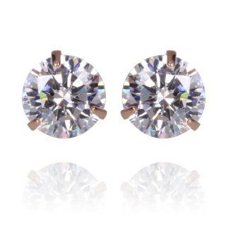 FASHION PLAZA Mens 6mm Rose Gold Plated Cubic Zircon Solitaire Stud Earrings Basket Set E297 Jewelry