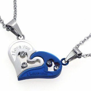 D&J Couple Stainless Steel Necklace Sets I Love You Heart Shape Pendant (Blue & Silver) Jewelry