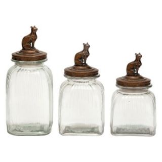 Set of 3 Glass Canisters with Cat Figure Decorative Lids   Canisters & Bottles