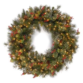 Wintry Pine Pre Lit Christmas Wreath with Pine Cones and Red Berries   Christmas Wreaths