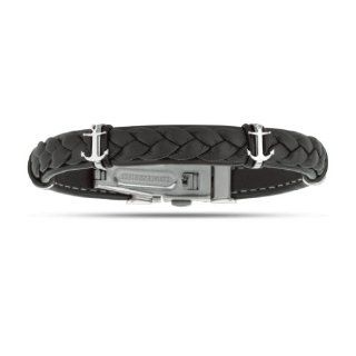 Mens Breaded Dark Leather Bracelet With Stainless Steel Ancors And Deployment Clasp (8 1/2 Inches) Jewelry