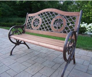 Oakland Living Double Rose Cast Iron and Wood Bench in Antique Bronze Finish   Outdoor Benches