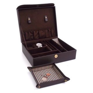 Brown Leather & Houndstooth Valet Case with Travel Valet   10.35W x 3.5H in.   Mens Jewelry Boxes
