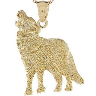 14k Real Yellow Gold 2.79cm Wild Wolf Charm Pendant Jewelry