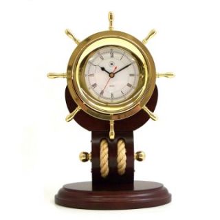 Bey Berk International Brass Ships Wheel Clock with Rope on Teakwood Base   Tarnish Proof   Desktop Clocks