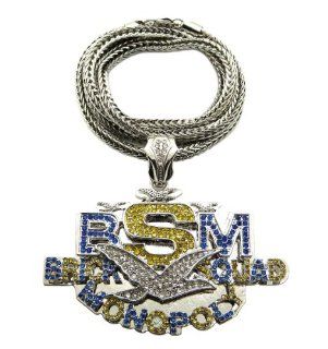 New Iced Out Silver/Blue/Yellow BSM Brick squad Monopoly Pendant w/4mm 36" Franco Chain Necklace MP830R BLYLCL Jewelry