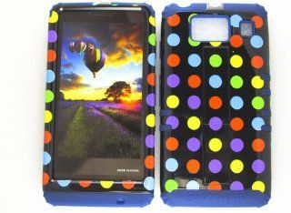 For Motorola Droid Razr Hd Xt926 Vibrant Polka Dots On Black With Dark Blue Skin Heavy Duty Case + Dark Blue Rubber Skin Accessories Cell Phones & Accessories