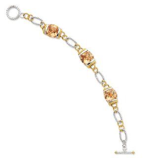 Sterling Silver Vermeil Champagne CZ Bracelet Length 7.5" Link Bracelets Jewelry