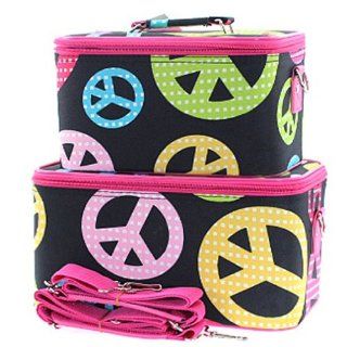 Multicolor Peace Sign Print with Hot Pink Trim Makeup Train Cases with Mirror, 2 Piece Cosmetic Set  Toiletry Bag For Women  Beauty