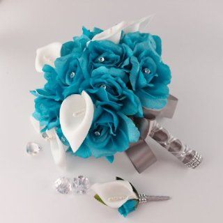 2pc  Bouquet & Boutonniere. Turquoise Silver Wedding Bridal Flowers.rose, calla Lily   Artificial Mixed Flower Arrangements