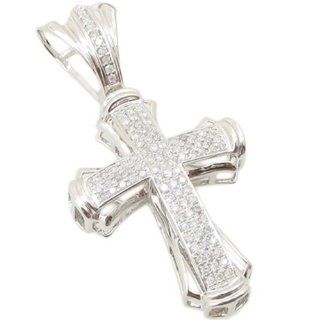 Mens 14k White Gold 0.71ctw diamond 3 row prong set cross 35138 24 mm wide and 50 mm tall AM Jewelry
