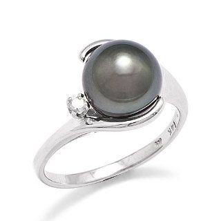Tahitian Black Pearl Ring with Diamond in 14K White Gold (9 10mm) Maui Divers of Hawaii Jewelry