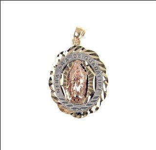 14k Tricolor Gold, Virgin Mary Ntra Sra De Guadalupe Pendant Religious Charm Oval Sparkly Cuts Necklace Virgen Jewelry
