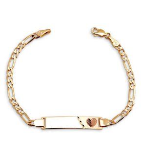 New 14k Yellow Rose Gold Figaro Heart Child ID Bracelet Link Bracelets Jewelry