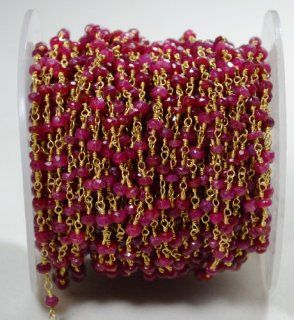 Wholesale Ruby (3 4mm) 24k Gold Plated Wire Wrapped Chain By Foot. By GemMartUSA Strands Of Beads Jewelry