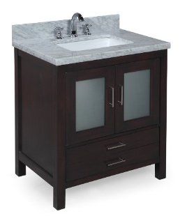 Manhattan 30 inch Bathroom Vanity (Carrera/Dark Brown) Includes a Dark Brown Cabinet, Soft Close Drawers, Self Closing Doors, a Natural Italian Carrera Marble Countertop, and a Ceramic Sink    