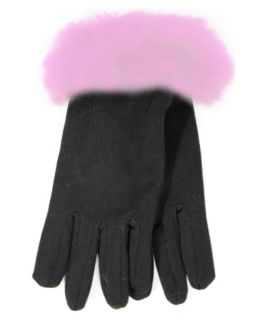 La Fiorentina Black Glove with Real Rabbit Fur Cuff   Pink Cuff   Winter Gloves