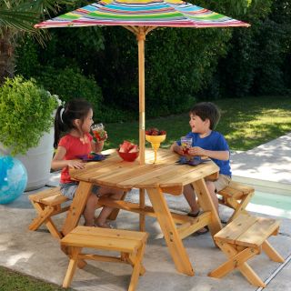 KidKraft Octagon Patio Table and Stools with Striped Umbrella   Picnic Tables