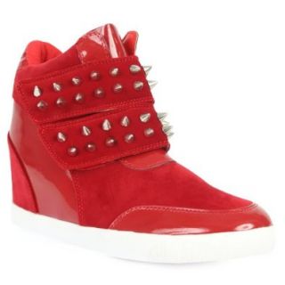 58N New Womens Red Pu Ladies Wedge Platform Spiked Detail Velcro Trainers Size 6 US Shoes