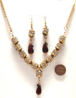 SY16XD CZ Golden Look Fashion Faux Garnet Beads 3 Pcs Necklace Earring Set Jewelry