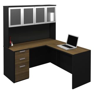 Bestar Pro Concept L Shaped Workstation with High Hutch   Milk Chocolate Bamboo and Black   Desks
