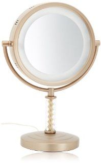 Jerdon HL856BC 8 Inch Tabletop Two Sided Swivel Halo Lighted Vanity Mirror with 6x Magnification, 14 Inch Height, Brushed Brass Finish  Personal Makeup Mirrors  Beauty