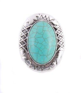 Imitation Turquoise Stretch Fashion Ring Big Southwest Design Silver Tone Jewelry