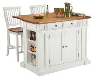 Home Styles Large Kitchen Island Set with 2 Stationary Stools   Antique White & Oak   Kitchen Islands and Carts