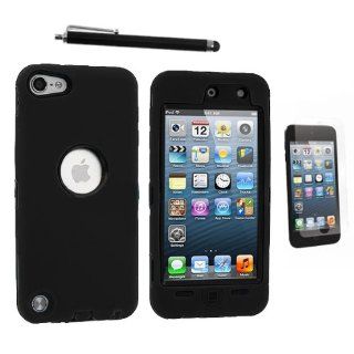 Black Hybrid Cover + Stylus Pen Triple Layer Deluxe Hybrid case skin for iPod Touch 5th Generation 5 Cell Phones & Accessories
