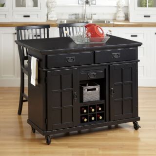 Home Styles Arts & Crafts Black 3 Piece Kitchen Cart and Two Stools Set   Kitchen Islands and Carts