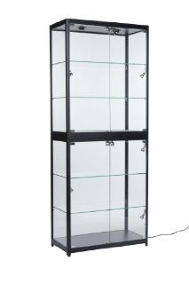 Portable Tempered Glass Display Case For Trade Shows Includes Hard Case, Adjustable LED Lights, Aluminum Frame, Hinged Doors, Feet Levelers, 31 5/8 x 78 x 15 5/8 Inch   Sports Related Display Cases
