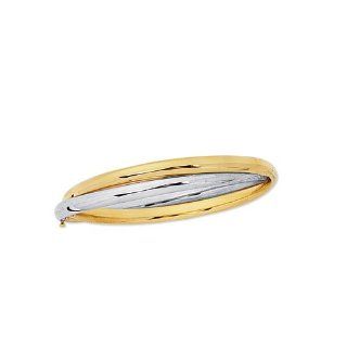 7" 14k Yellow & White Gold Polished Round Tube Domed Fancy Bangle Bracelet w/ Clasp Jewelry