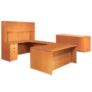 U Shaped Management Desk, with Credenza, Overhead Hutch, Files, Storage Cabinet, Lateral File, American Cherry   Office Desks