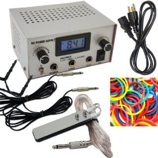 Silver Dual Digital LCD Tattoo Machine Power Supply w/ Stainless Steel Pedal 2 Clip Cords Rubber Bands 