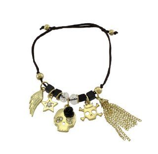 Dainty Slider Cord Bracelet with Gold Tone Skull Charms Jewelry