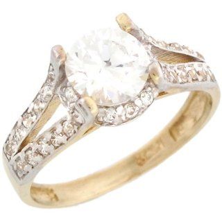 10k Yellow Gold Round CZ Engagement Ring with Halo and Side accents Jewelry